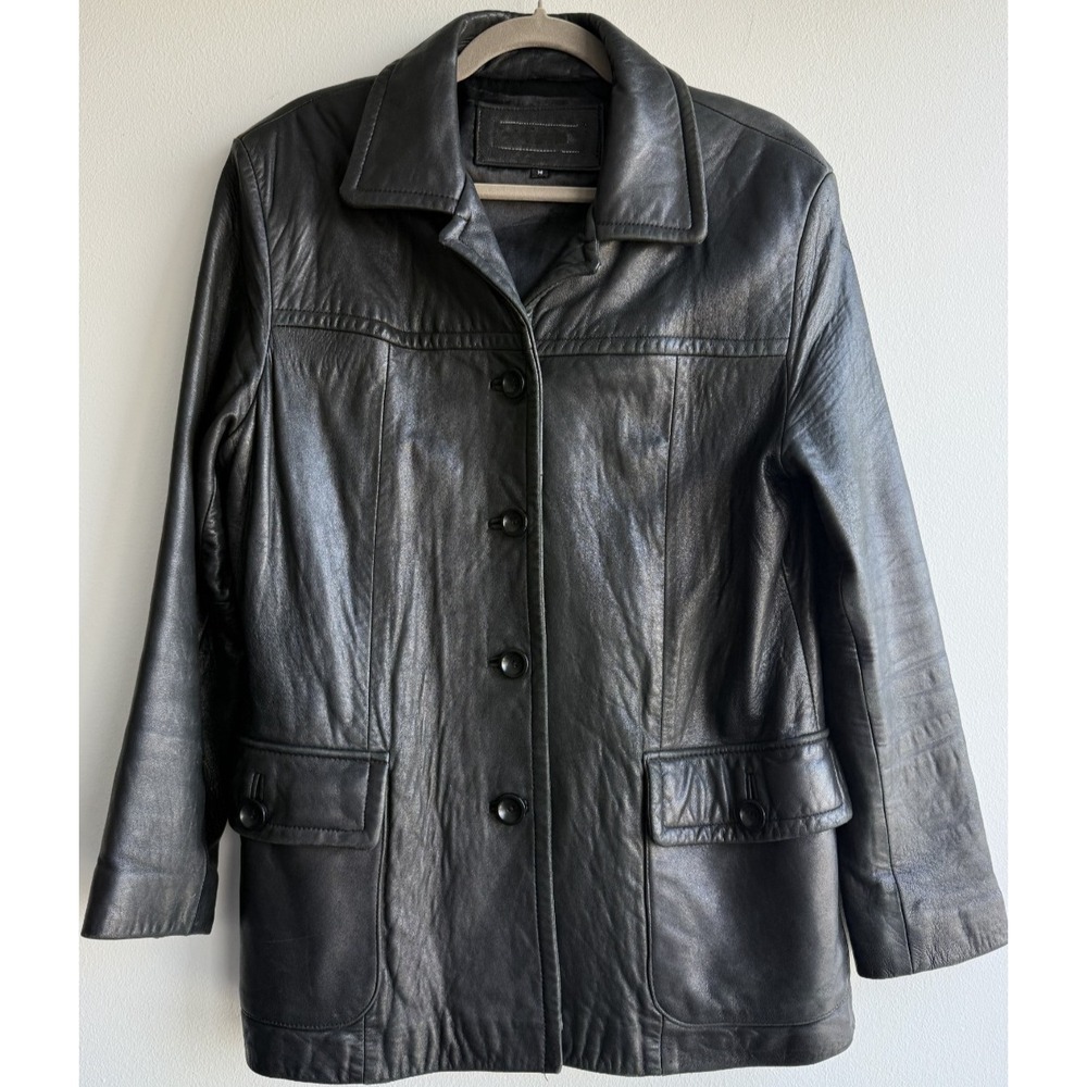 Vintage Jones New York Medium Black Leather Blazer Jacket EUC‎ Coat Mid